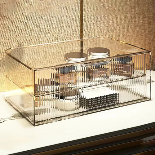 Luxury 2-Tier Drawer Makeup Organizer Dustproof Vanity Cosmetic PET Storage Box - Transparent - 1