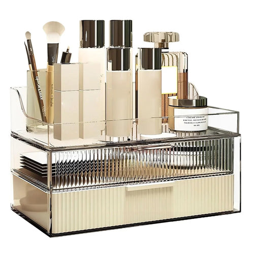 Luxury Cosmetic Organizer Clear Dustproof Double Layer Drawer PET Storage Box with Top Tray - Beige - 1