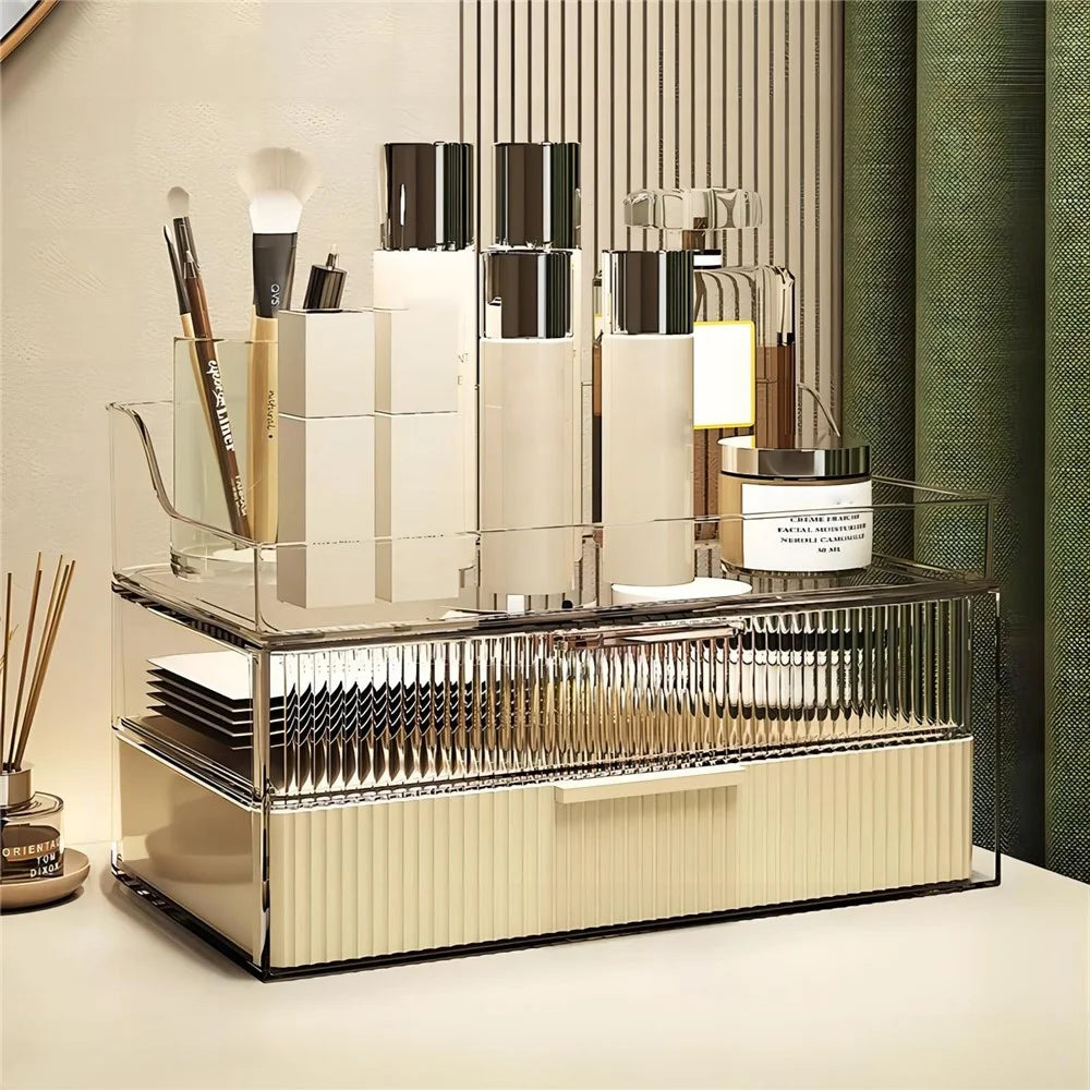 Luxury Cosmetic Organizer Clear Dustproof Double Layer Drawer PET Storage Box with Top Tray - Beige - 2