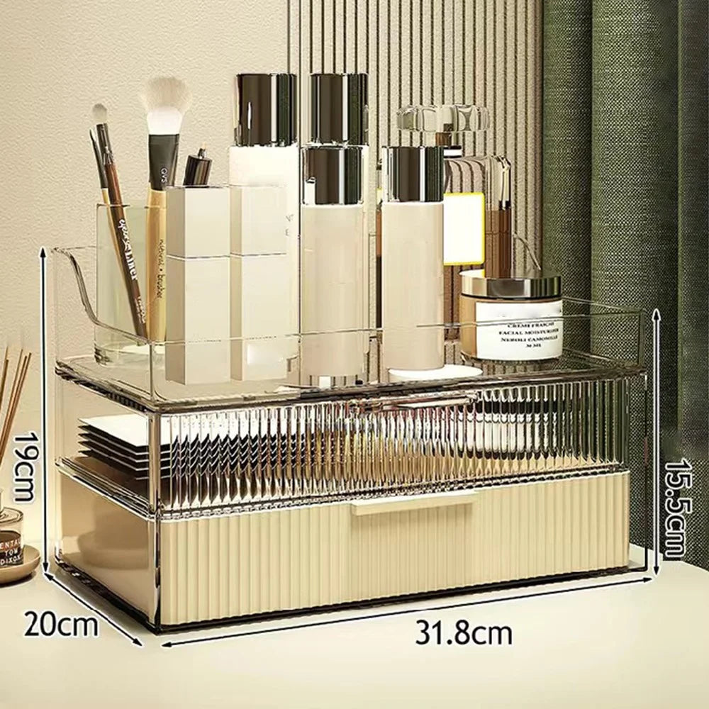 Luxury Cosmetic Organizer Clear Dustproof Double Layer Drawer PET Storage Box with Top Tray - Beige - 3