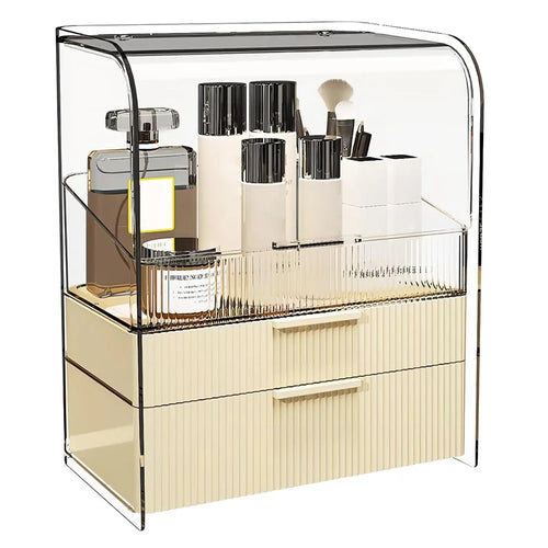 Size S Luxury Clear Makeup Organizer 3 Tier Dustproof Cosmetic PET Storage Box with Flip Cover - Beige - 1