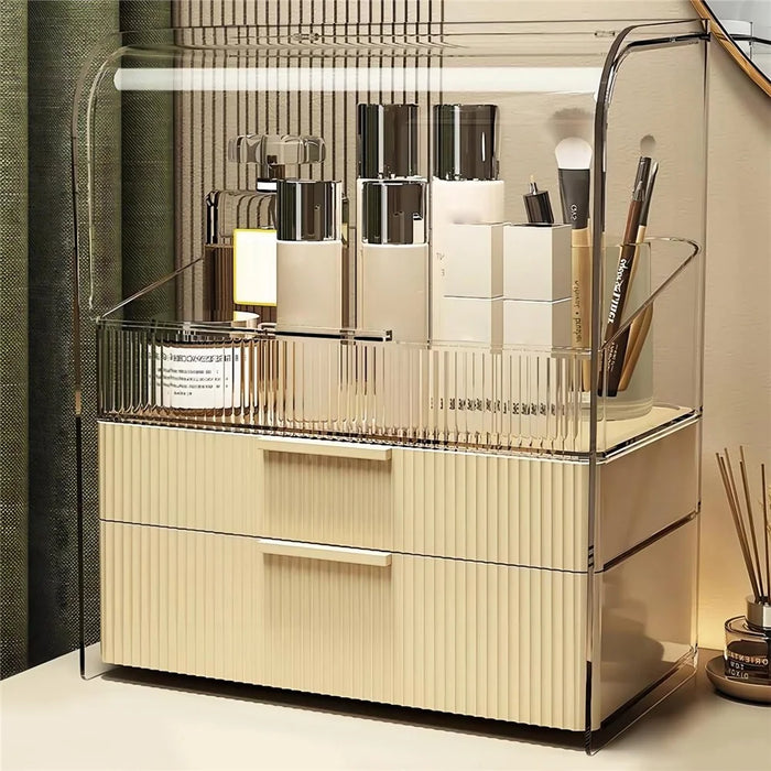 Size S Luxury Clear Makeup Organizer 3 Tier Dustproof Cosmetic PET Storage Box with Flip Cover - Beige - 2