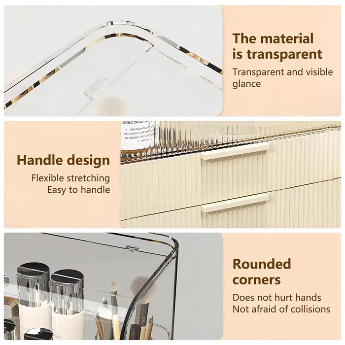 Size S Luxury Clear Makeup Organizer 3 Tier Dustproof Cosmetic PET Storage Box with Flip Cover - Beige - 4