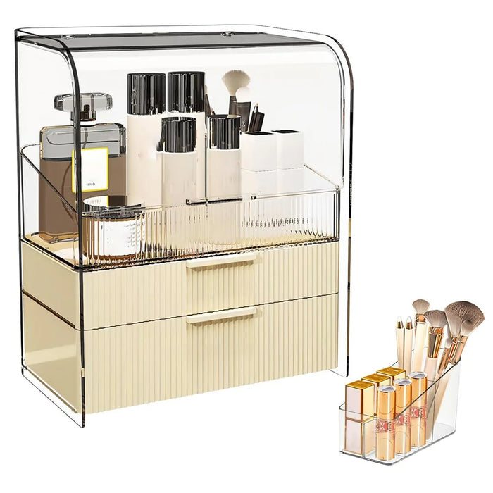 Size L Flip Cover Luxury Clear Makeup Organizer 3 Tier Dustproof Cosmetic PET Storage Box + Lipstick Holder - Beige - 1