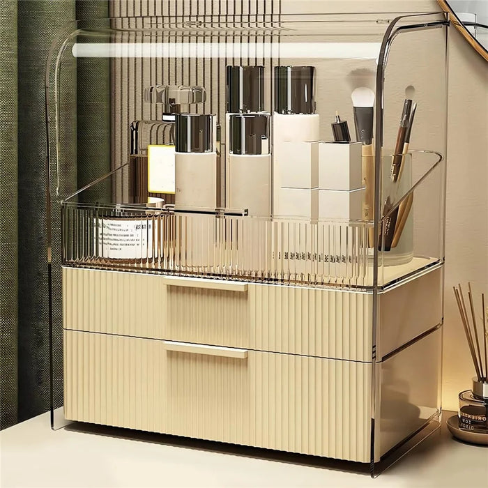 Size L Flip Cover Luxury Clear Makeup Organizer 3 Tier Dustproof Cosmetic PET Storage Box + Lipstick Holder - Beige - 2
