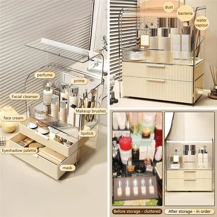 Size L Flip Cover Luxury Clear Makeup Organizer 3 Tier Dustproof Cosmetic PET Storage Box + Lipstick Holder - Beige - 3