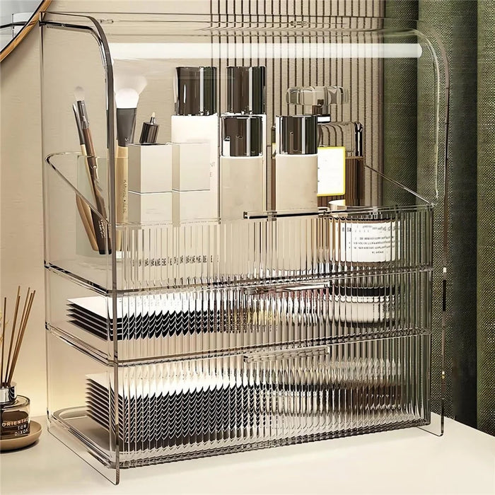 Size L Flip Cover Luxury Clear Makeup Organizer 3 Tier Dustproof Cosmetic PET Storage Box + Lipstick Holder - Beige - 4