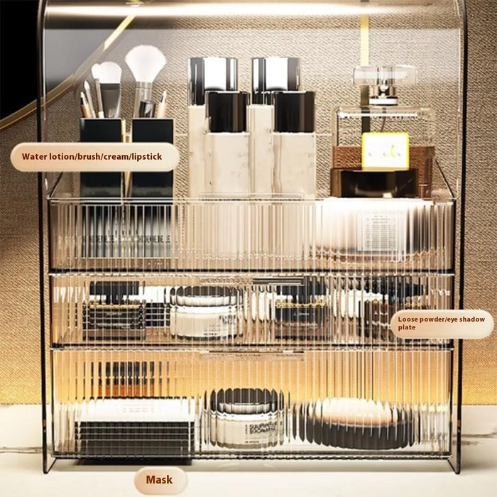 Size L Flip Cover Luxury Clear Makeup Organizer 3 Tier Dustproof Cosmetic PET Storage Box + Lipstick Holder - Beige - 5