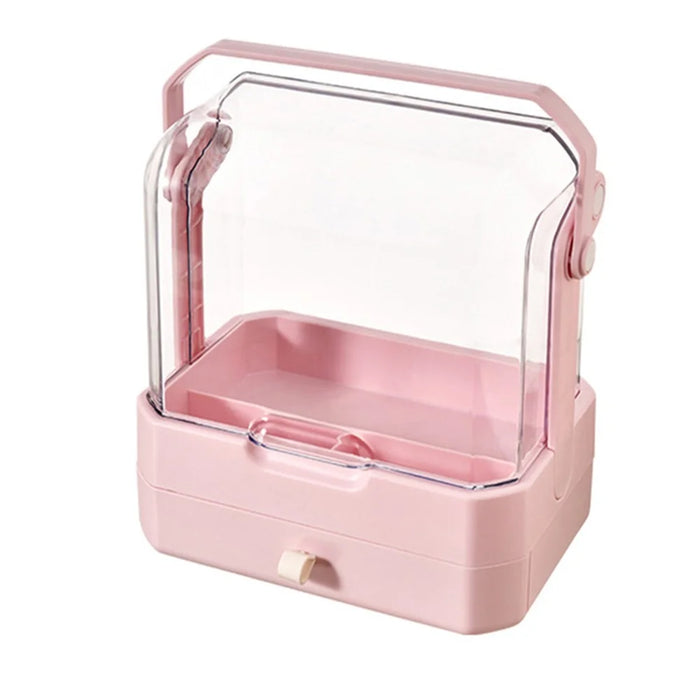 Cosmetic Organizer Dustproof Desktop Makeup Skincare Products Storage Box with Handle and 1 Drawer - Pink - 1