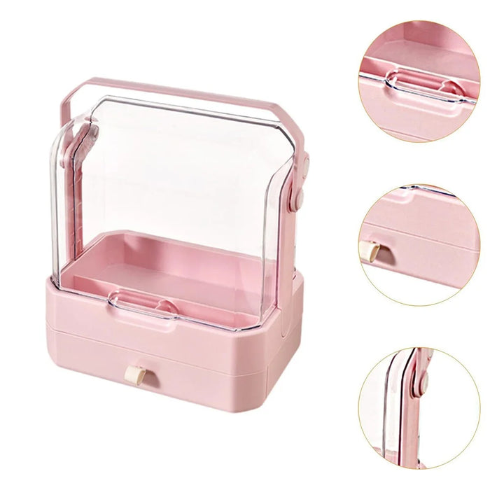 Cosmetic Organizer Dustproof Desktop Makeup Skincare Products Storage Box with Handle and 1 Drawer - Pink - 3
