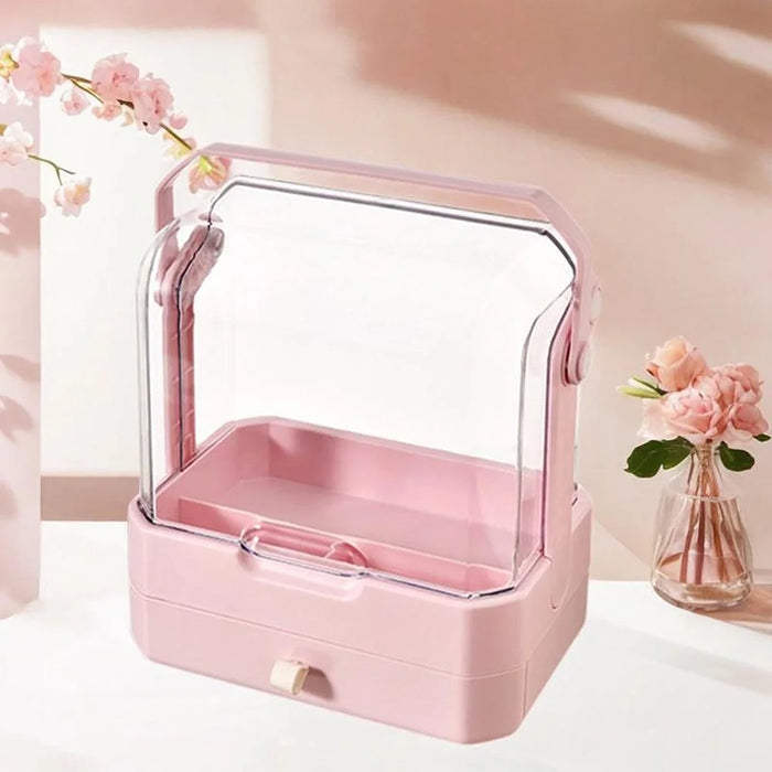 Cosmetic Organizer Dustproof Desktop Makeup Skincare Products Storage Box with Handle and 1 Drawer - Pink - 4