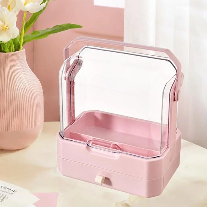 Cosmetic Organizer Dustproof Desktop Makeup Skincare Products Storage Box with Handle and 1 Drawer - Pink - 5