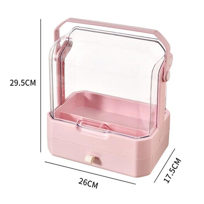 Cosmetic Organizer Dustproof Desktop Makeup Skincare Products Storage Box with Handle and 1 Drawer - Pink - 6
