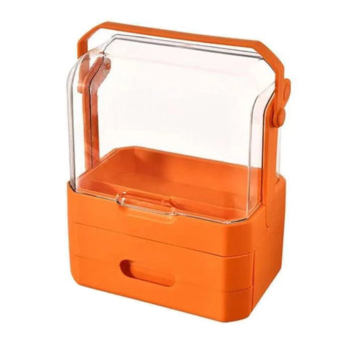 Cosmetic Organizer Dustproof Desktop Makeup Skincare Products Storage Box with Handle and 2 Drawer - Orange - 1