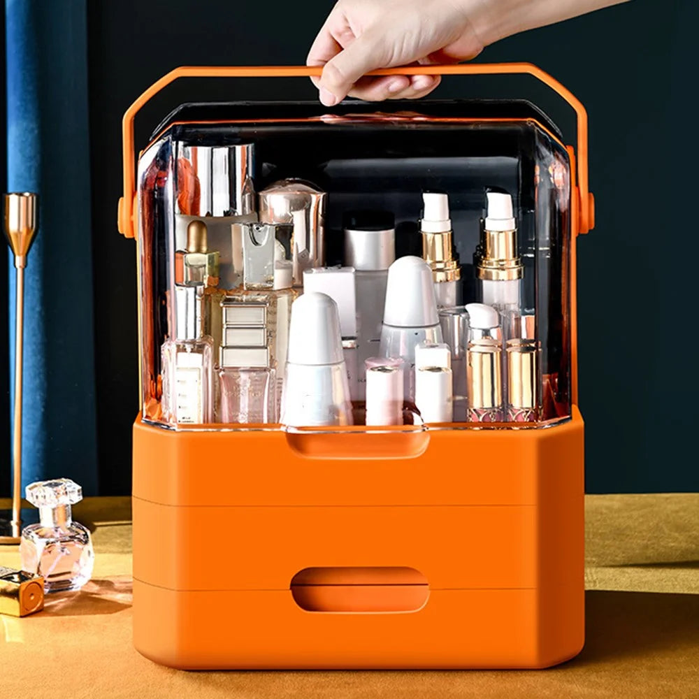 Cosmetic Organizer Dustproof Desktop Makeup Skincare Products Storage Box with Handle and 2 Drawer - Orange - 2