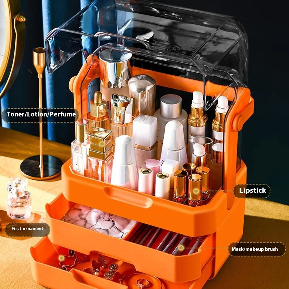 Cosmetic Organizer Dustproof Desktop Makeup Skincare Products Storage Box with Handle and 2 Drawer - Orange - 3