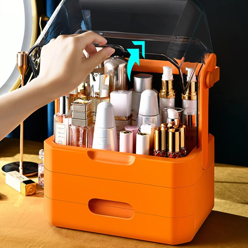 Cosmetic Organizer Dustproof Desktop Makeup Skincare Products Storage Box with Handle and 2 Drawer - Orange - 4