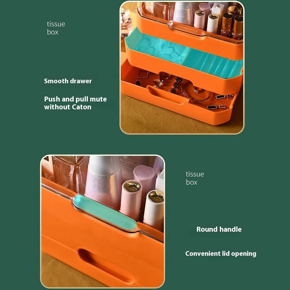 Cosmetic Organizer Dustproof Desktop Makeup Skincare Products Storage Box with Handle and 2 Drawer - Orange - 5