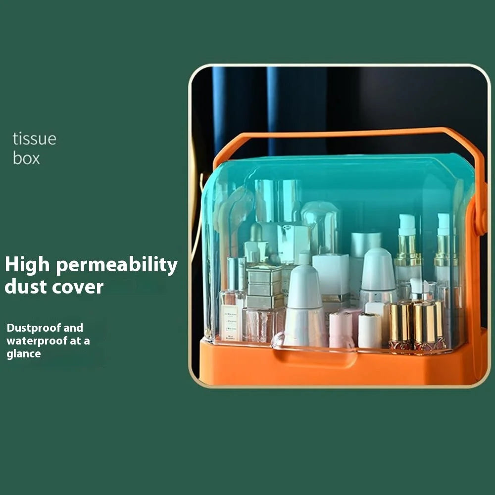 Cosmetic Organizer Dustproof Desktop Makeup Skincare Products Storage Box with Handle and 2 Drawer - Orange - 6