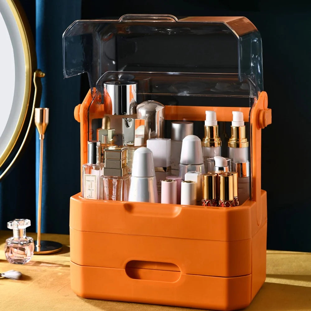 Cosmetic Organizer Dustproof Desktop Makeup Skincare Products Storage Box with Handle and 2 Drawer - Orange - 7