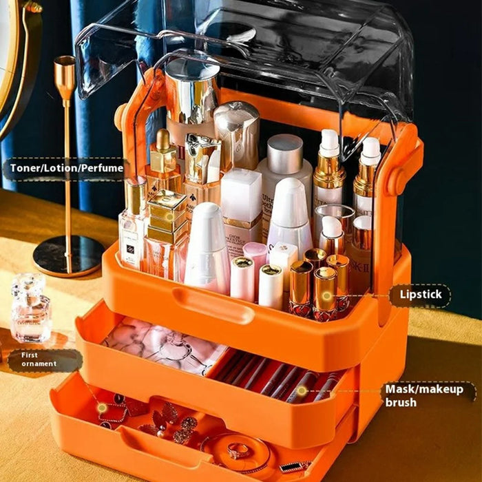 Extra Large Cosmetic Organizer Desktop Dustproof Makeup Storage Box with Double Drawer - Orange - 2
