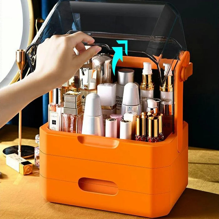 Extra Large Cosmetic Organizer Desktop Dustproof Makeup Storage Box with Double Drawer - Orange - 3