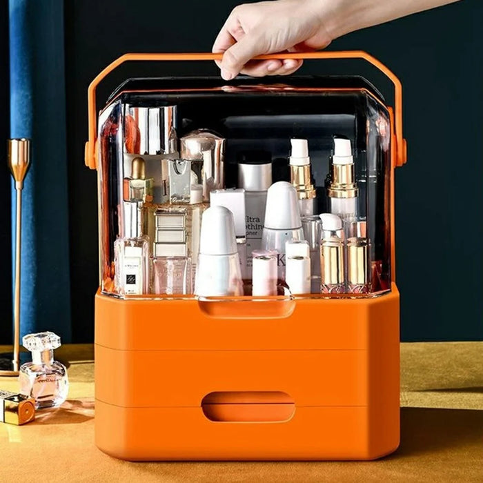 Extra Large Cosmetic Organizer Desktop Dustproof Makeup Storage Box with Double Drawer - Orange - 4