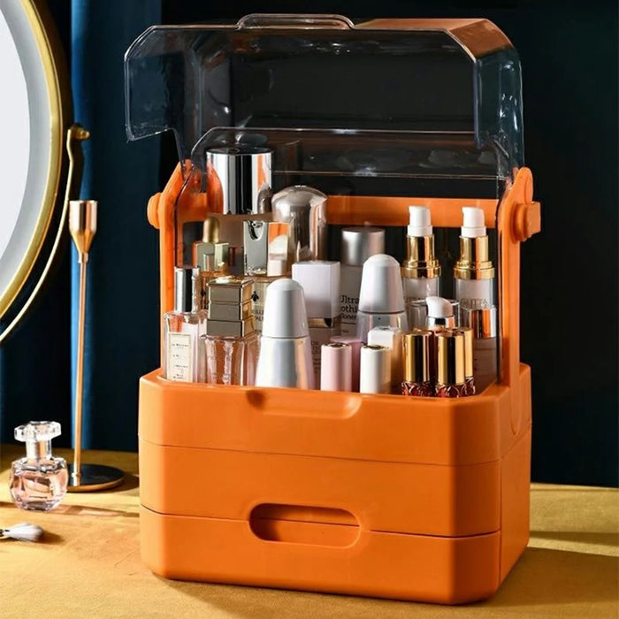 Extra Large Cosmetic Organizer Desktop Dustproof Makeup Storage Box with Double Drawer - Orange - 5