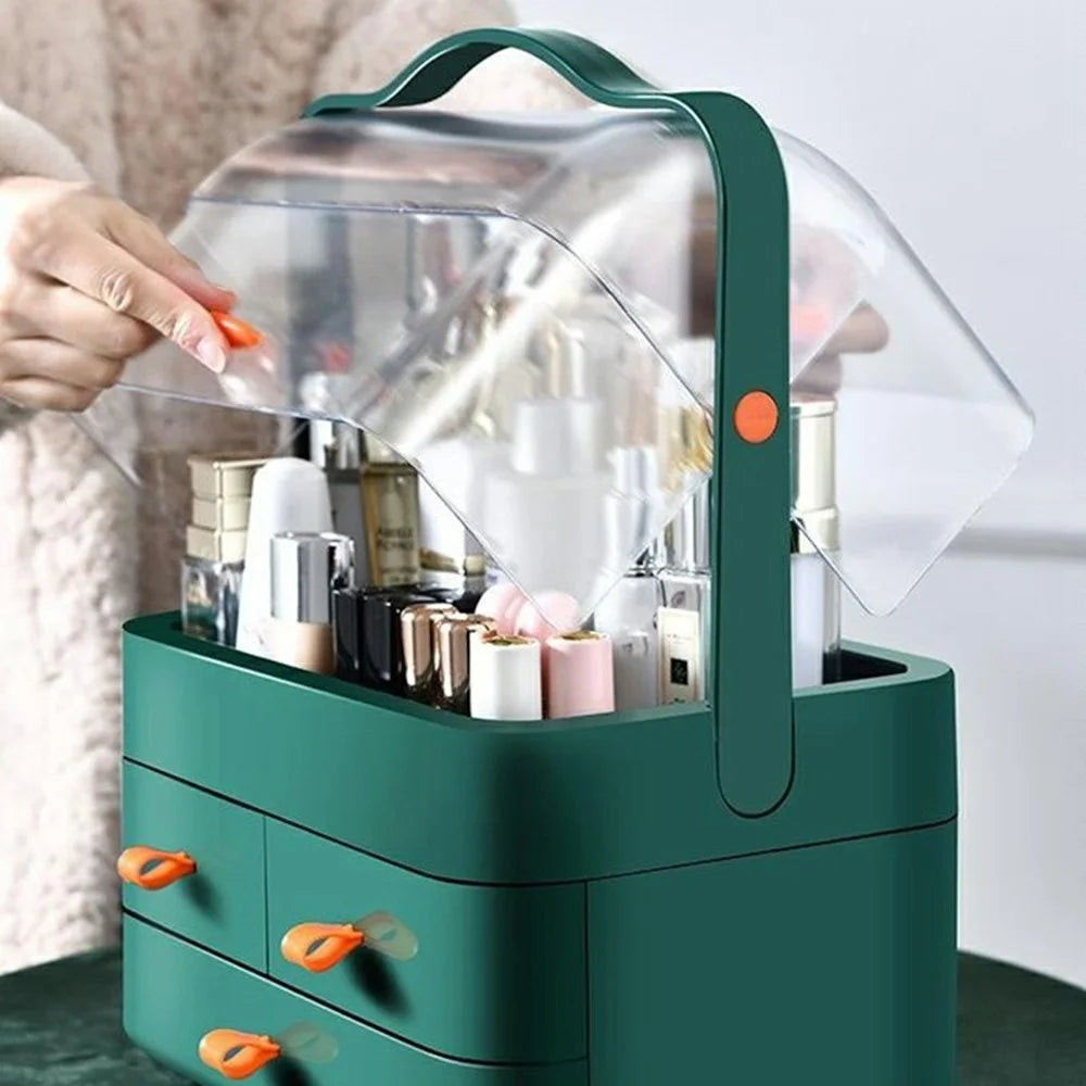 Extra Large Size Cosmetic Organizer with Drawers Dustproof Makeup Skincare Products Storage Box - Blackish Green - 2