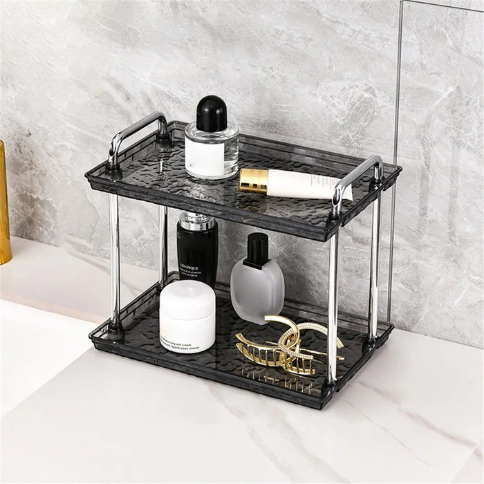 Double Layer Medium Size Cosmetic Organizer Makeup Storage Rack Lipstick Skincare Holder Stand - Transparent Black - 1