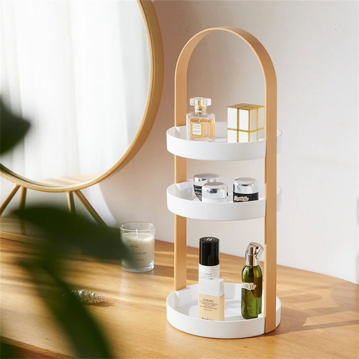 Portable Cosmetic Skincare Organizer Jewelry Storage Rack 3-Layer Round Tray ABS Shelf - Wood Color - 2