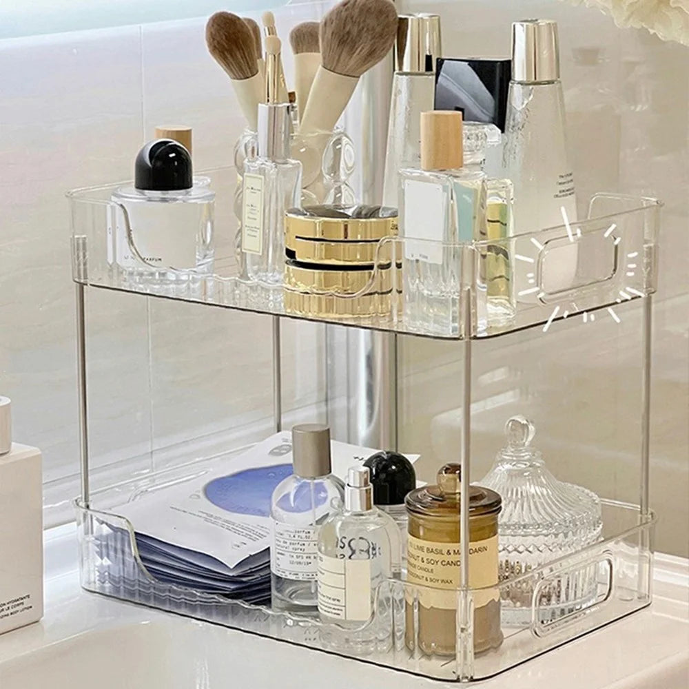 Clear 2-Tier Storage Organizer Rack Bathroom Countertop Shelf Makeup Cosmetics Holder (No Wheels) - 1