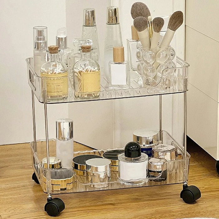 Dual Layer Clear PET Storage Cart Bathroom Bedroom Living Room Cosmetic Organizer Rack with Wheels - 1