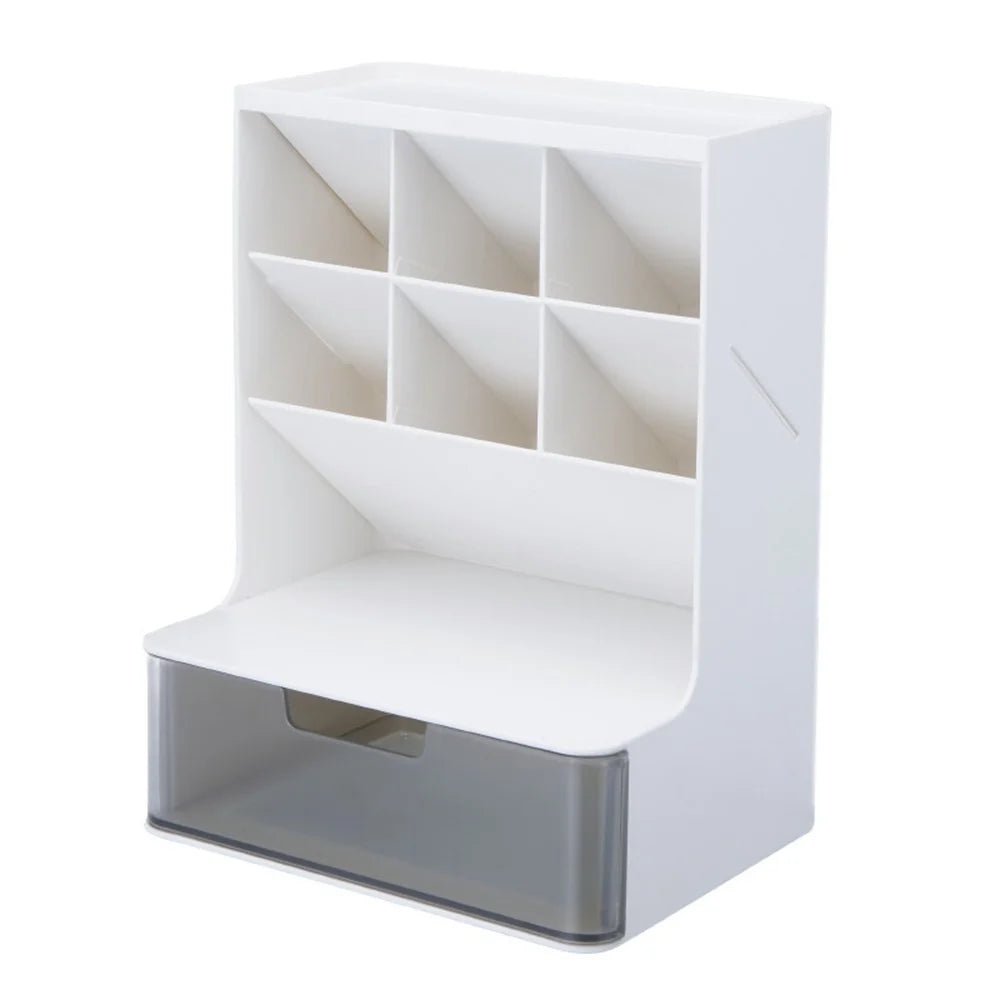 Desktop Organizer Pen Holder Multi-Compartment Storage Box for Office Supplies Stationery - White + Clear Drawers - 1