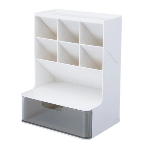 Desktop Organizer Pen Holder Multi-Compartment Storage Box for Office Supplies Stationery - White + Clear Drawers - 1
