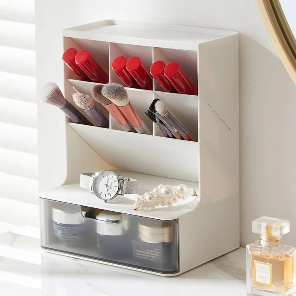 Desktop Organizer Pen Holder Multi-Compartment Storage Box for Office Supplies Stationery - White + Clear Drawers - 2