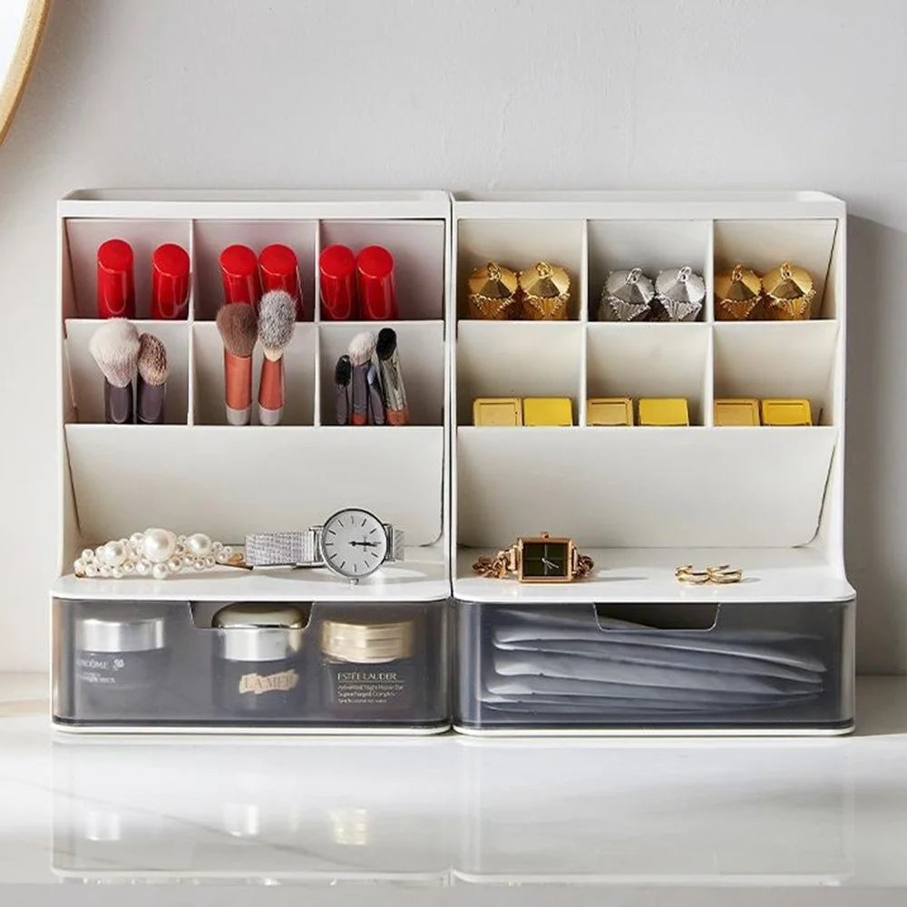 Desktop Organizer Pen Holder Multi-Compartment Storage Box for Office Supplies Stationery - White + Clear Drawers - 3