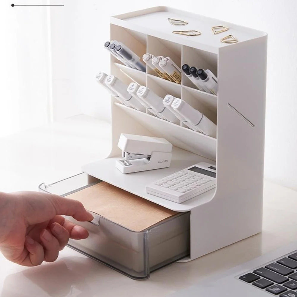 Desktop Organizer Pen Holder Multi-Compartment Storage Box for Office Supplies Stationery - White + Clear Drawers - 4