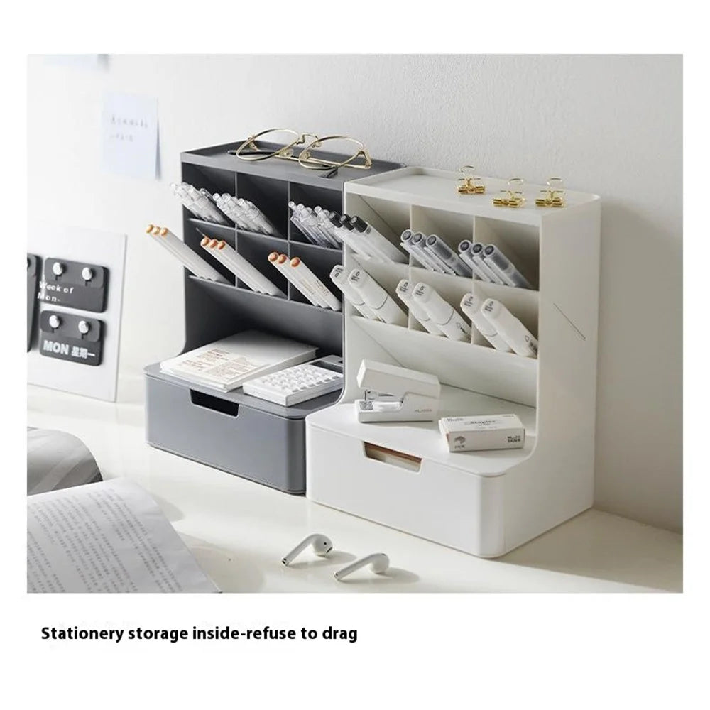Desktop Organizer Pen Holder Multi-Compartment Storage Box for Office Supplies Stationery - White + Clear Drawers - 5