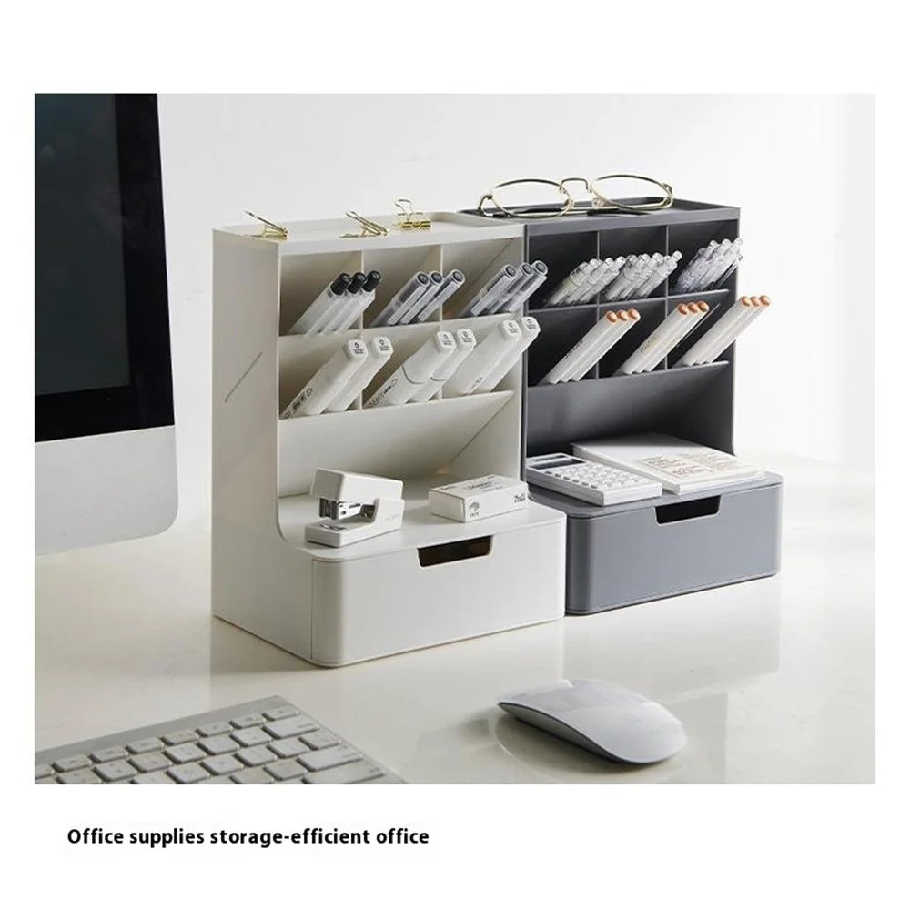 Desktop Organizer Pen Holder Multi-Compartment Storage Box for Office Supplies Stationery - White + Clear Drawers - 6
