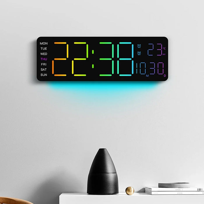 6678R Minimalist RGB Night Light Wall Clock Multi-Function Time Temperature Date Digital Display Clock - 6