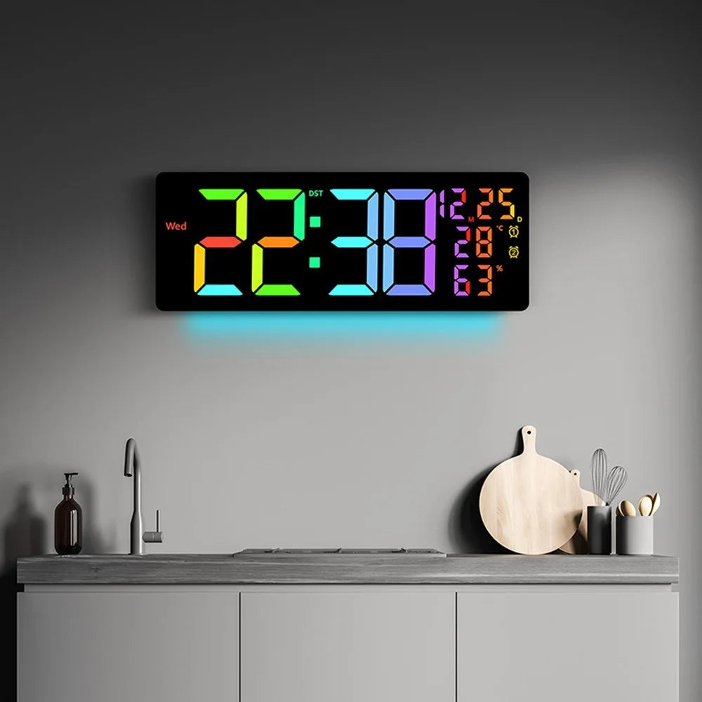 6669RGB LED RGB Color Changing Wall Clock Living Room Week Time Temperature Date Display Alarm Clock - 6
