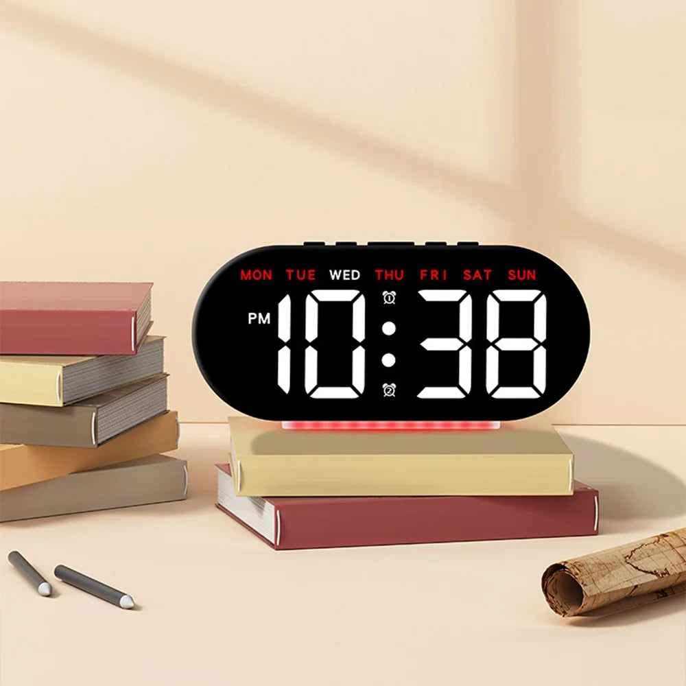 GH8035 Multifunctional LED Digital Alarm Clock Large Display Bedside Clock with Ambient Light - Black Shell / Green Light - 6