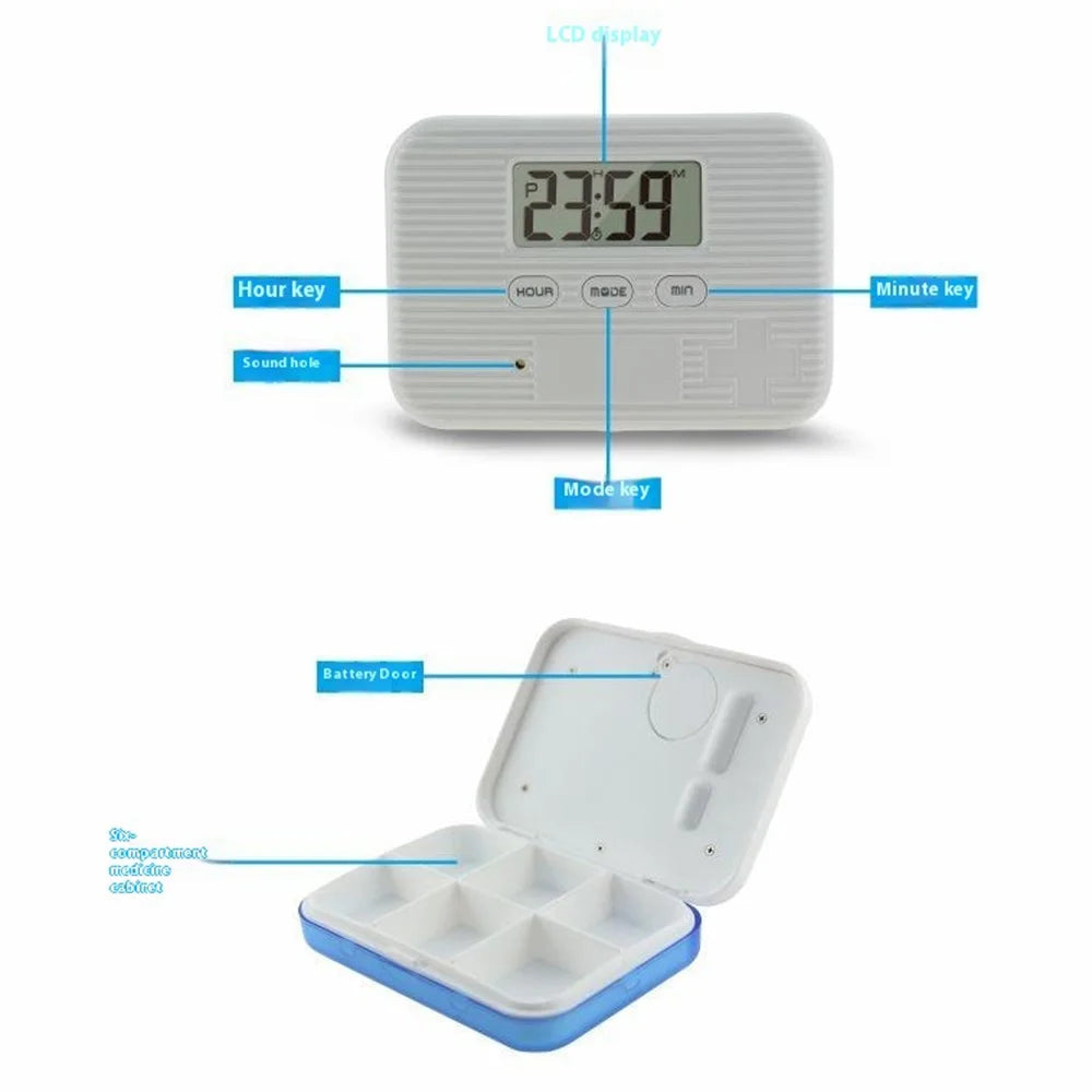 CR-211 Smart Pill Organizer Timer Reminder 6-Compartment Medication Box 7-Day Travel Health Supplement Container (BPA Free, No FDA) - Blue - 6