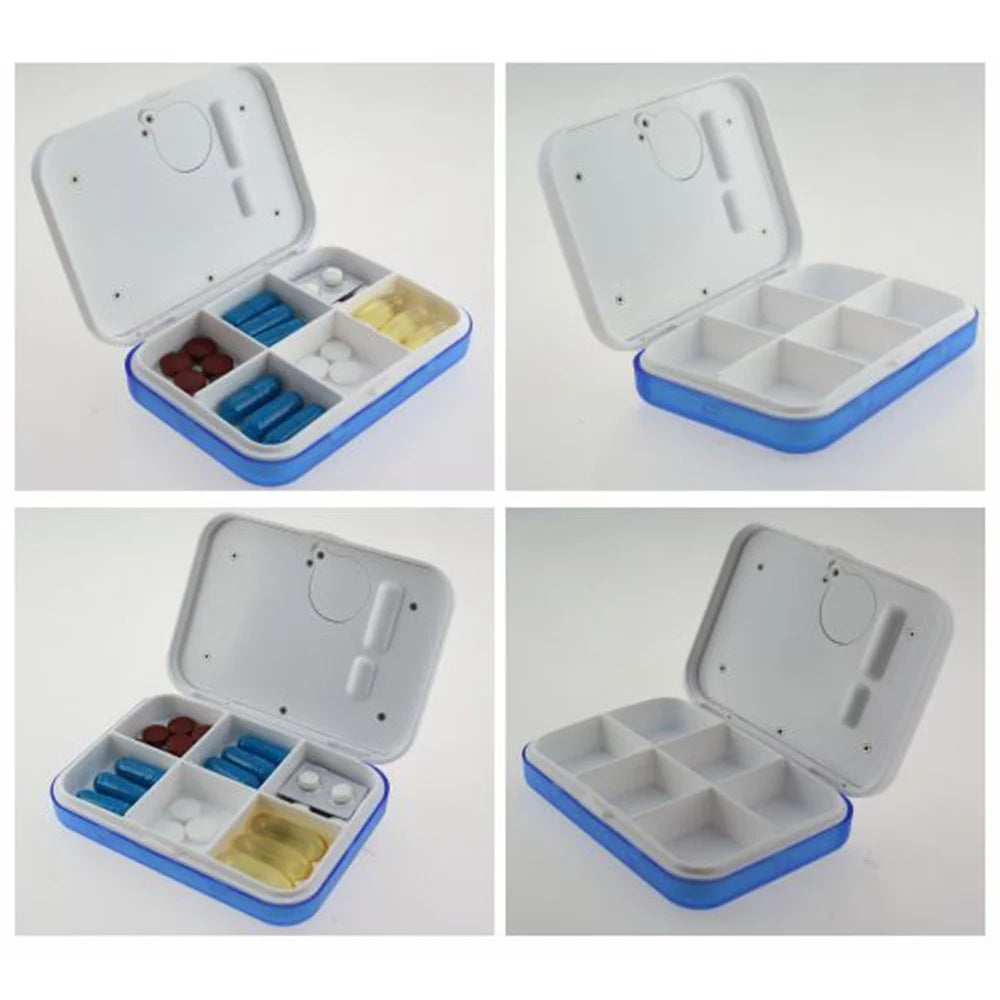 CR-211 Smart Pill Organizer Timer Reminder 6-Compartment Medication Box 7-Day Travel Health Supplement Container (BPA Free, No FDA) - Blue - 7