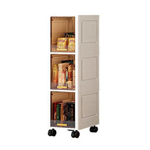 Foldable 3 Tier PP Storage Cabinet Transparent Door Kitchen Living Room Narrow Space Organizer with Wheels - 1