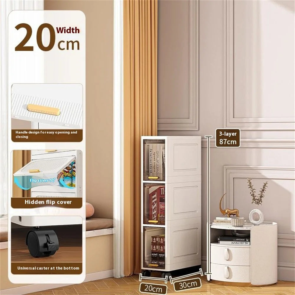 Foldable 3 Tier PP Storage Cabinet Transparent Door Kitchen Living Room Narrow Space Organizer with Wheels - 2