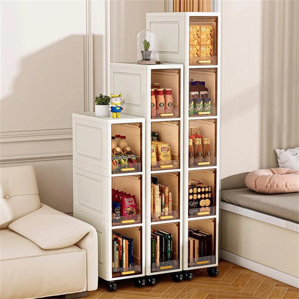 Foldable 3 Tier PP Storage Cabinet Transparent Door Kitchen Living Room Narrow Space Organizer with Wheels - 3