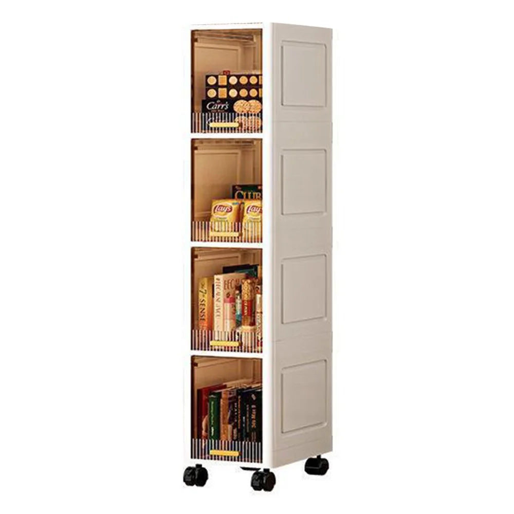 Foldable 4 Tier PP Storage Cabinet Transparent Door Kitchen Living Room Narrow Space Organizer with Wheels - 1