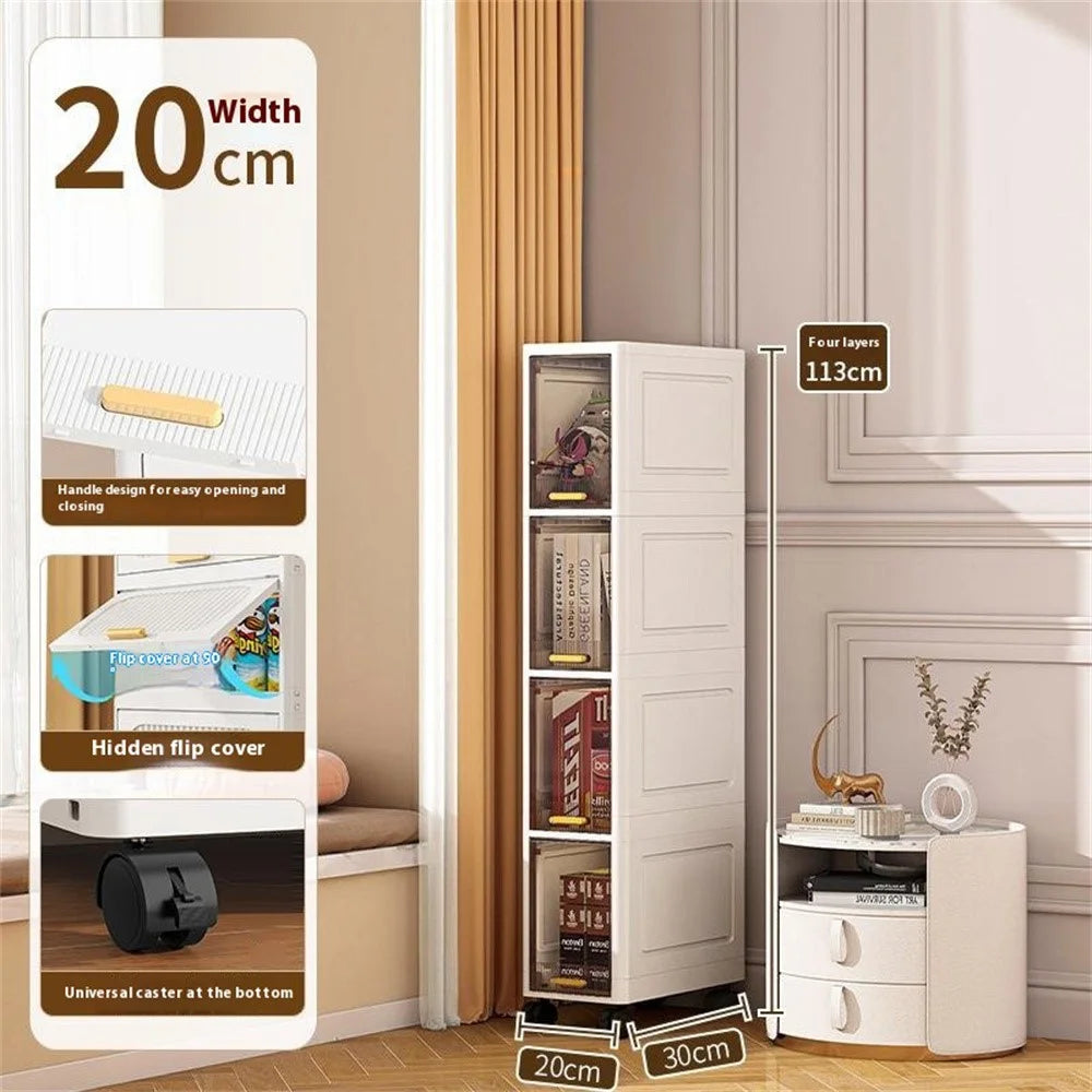Foldable 4 Tier PP Storage Cabinet Transparent Door Kitchen Living Room Narrow Space Organizer with Wheels - 2